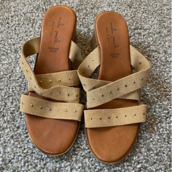 Mila Paoli Leather Sandal Slide Made in Italy Tan Size 9 Chunky Heel White Lotus - Picture 1 of 3